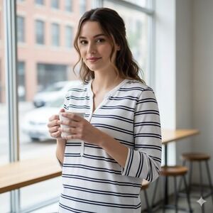 LL Bean Womens Large Petite Top Striped 3/4 Sleeve Button Cotton Blouse White